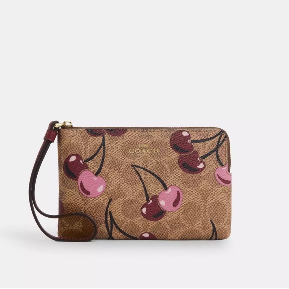 NWT Coach Corner Zip Wristlet In Signature Canvas With Cherry Print
